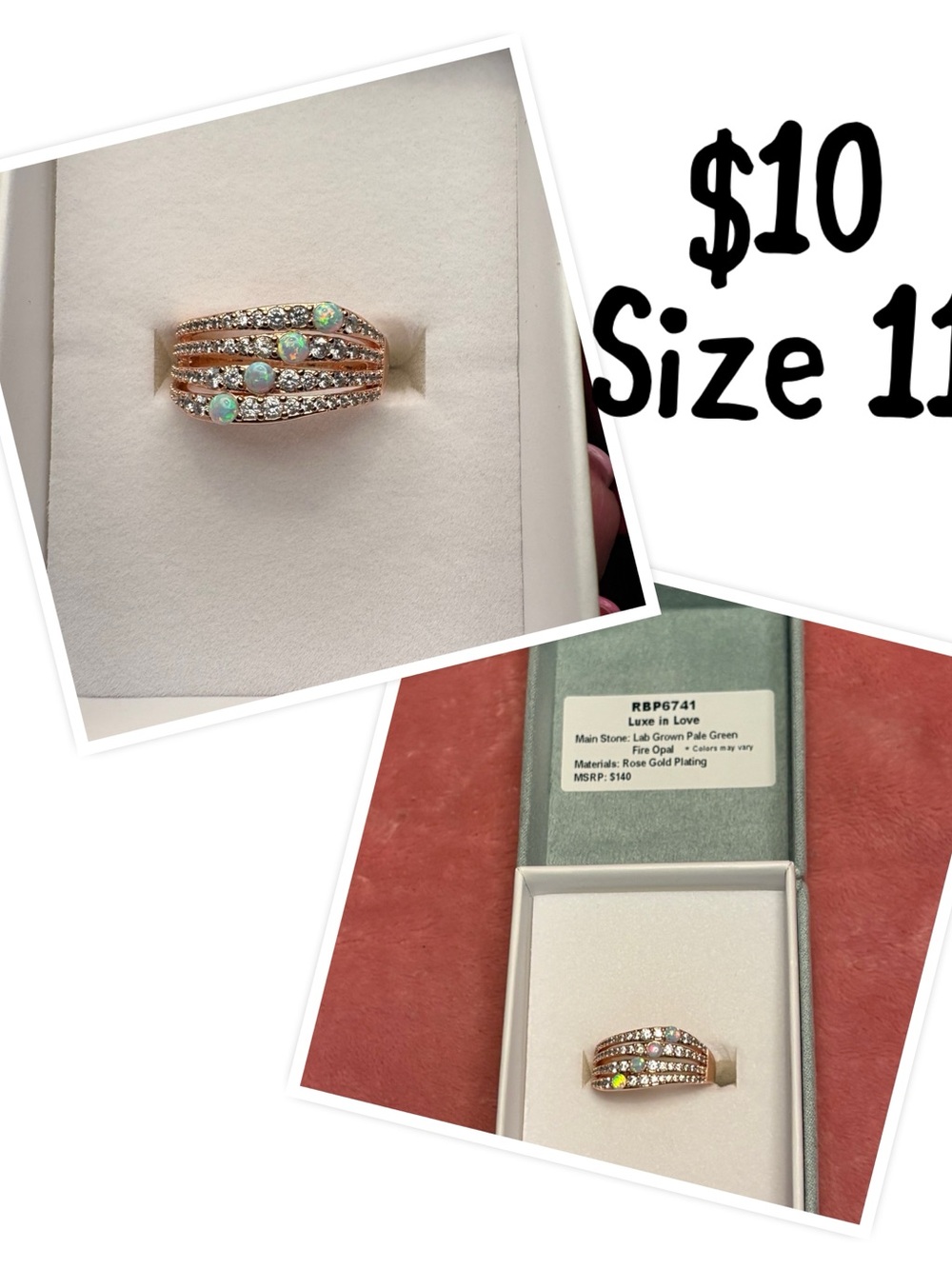 Luxe In Love Rose Gold Opal & Crystal Multi-Row Ring - Pale Green